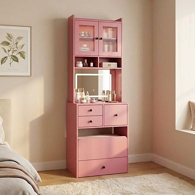 3-in-1 Make Up Vanity Desk with Mirror & Lights, Compact Vanity Table with Drawers