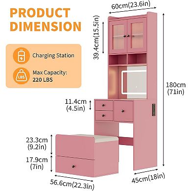 3-in-1 Make Up Vanity Desk with Mirror & Lights, Compact Vanity Table with Drawers