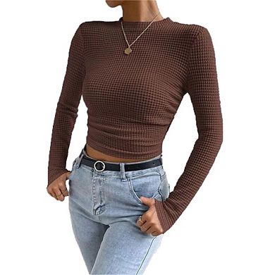 Women's Tops Long Sleeve Fitted T Shirts Waffle Ruched Crop Shirt Basic Blouse