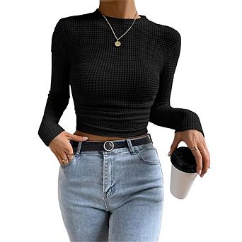 Women's Tops Long Sleeve Fitted T Shirts Waffle Ruched Crop Shirt Basic Blouse