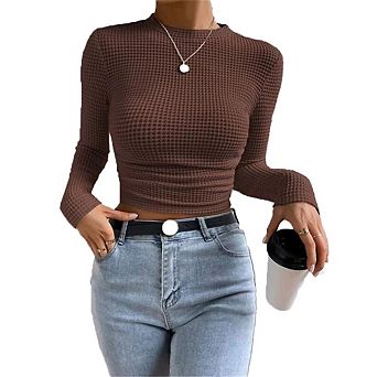 Women's Tops Long Sleeve Fitted T Shirts Waffle Ruched Crop Shirt Basic Blouse