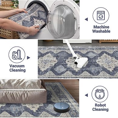 Large Living Room Area Rug, Vintage Retro Boho Carpet Low Pile Non-Slip