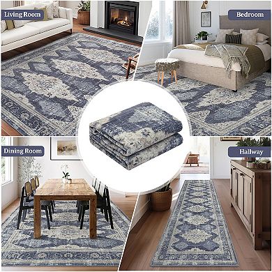 Large Living Room Area Rug, Vintage Retro Boho Carpet Low Pile Non-Slip