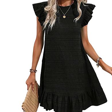Women's Crew Neck Ruffle Cap Sleeve Casual Ruffled Hem Mini Dress