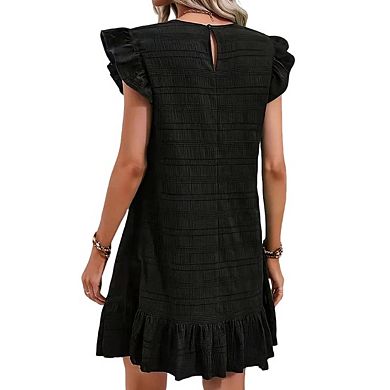 Women's Crew Neck Ruffle Cap Sleeve Casual Ruffled Hem Mini Dress