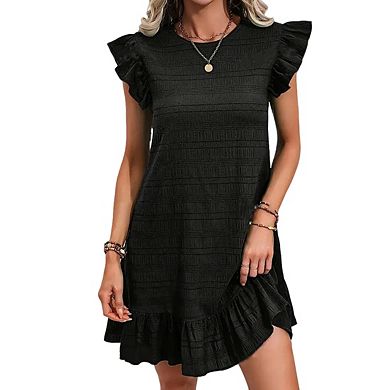 Women's Crew Neck Ruffle Cap Sleeve Casual Ruffled Hem Mini Dress