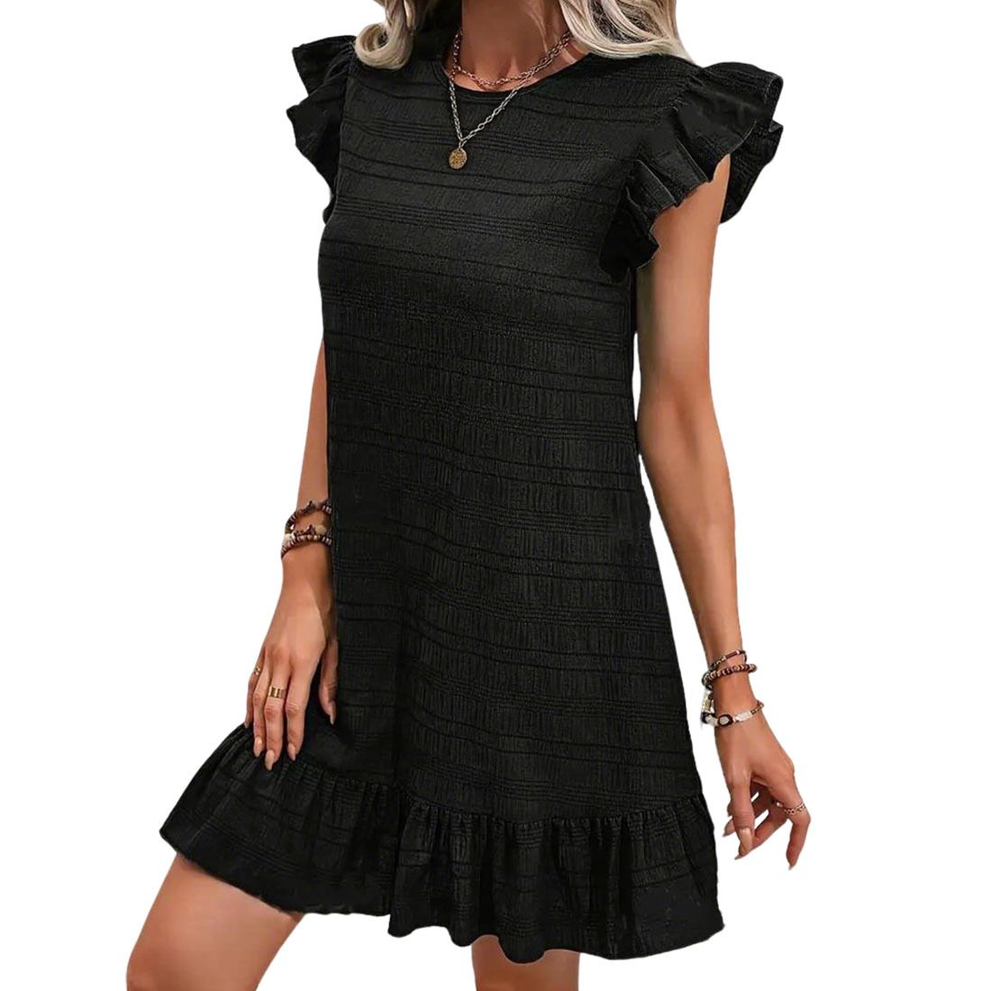 Женские платья Crew Neck Ruffle Cap Sleeve Casual Ruffled Hem Mini Dress
