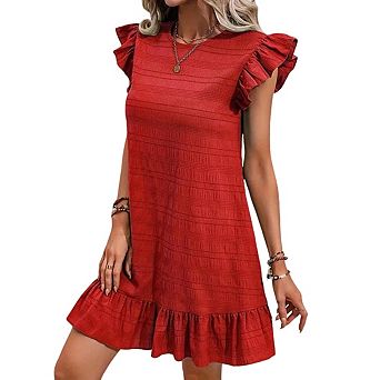 Women's Crew Neck Ruffle Cap Sleeve Casual Ruffled Hem Mini Dress