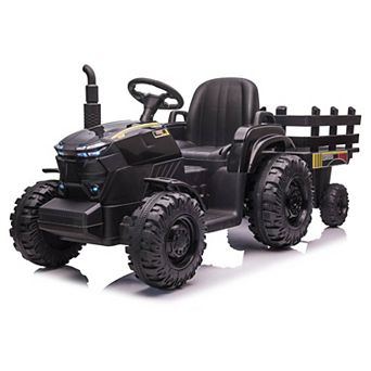 12V Kids Ride-On Tractor with Trailer, Electric Tractor with Dual Motors, LED Lights for Ages 3-6