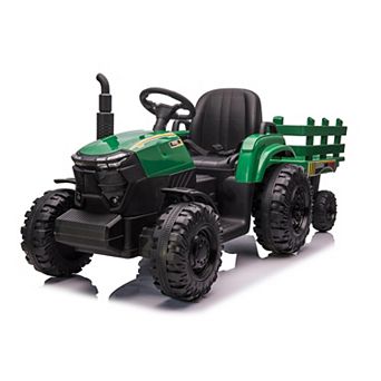 12V Kids Ride-On Tractor with Trailer, Electric Tractor with Dual Motors, LED Lights for Ages 3-6