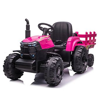 12V Kids Ride-On Tractor with Trailer, Electric Tractor with Dual Motors, LED Lights for Ages 3-6