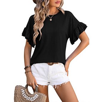 Womens Summer T-Shirts Short Sleeve Tops Casual Tshirts Cute Dressy Ruffle Crew Neck T-Shirts