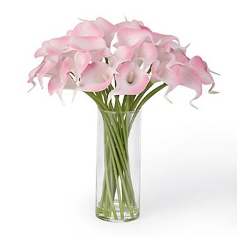 Real Touch Artificial Calla Lily Arrangement 24 pc Faux Flowers with Glass Vase for Wedding Home