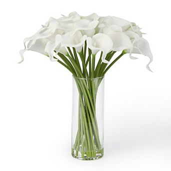 Real Touch Artificial Calla Lily Arrangement 24 pc Faux Flowers with Glass Vase for Wedding Home