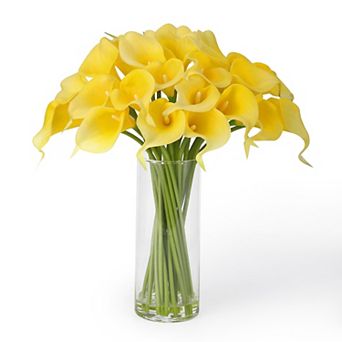 Real Touch Artificial Calla Lily Arrangement 24 pc Faux Flowers with Glass Vase for Wedding Home