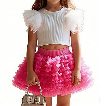 Girls'2 pc Set Ruffle Sleeve Crop Top and Puffy Tutu Skirt Casual Party