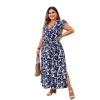 Women's Plus Size Printed Summer Casual Dresses Ruffle Sleeve V Neck Flowy Boho Midi Dress