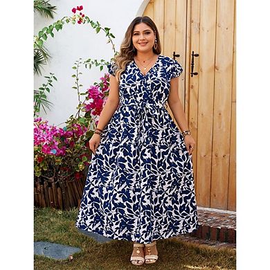 Women's Plus Size Printed Summer Casual Dresses Ruffle Sleeve V Neck Flowy Boho Midi Dress