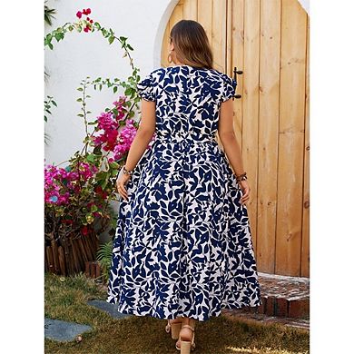 Women's Plus Size Printed Summer Casual Dresses Ruffle Sleeve V Neck Flowy Boho Midi Dress