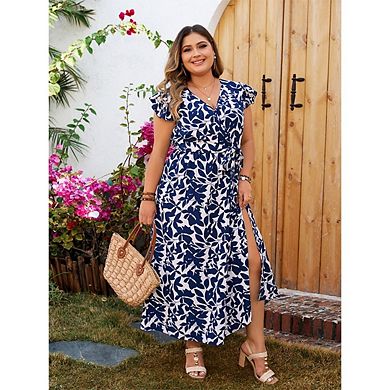 Women's Plus Size Printed Summer Casual Dresses Ruffle Sleeve V Neck Flowy Boho Midi Dress