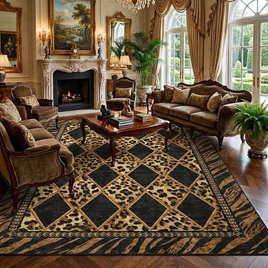 Washable Checkered Leopard Patchwork Area Rug, Plush Non-Slip Carpet Indoor Home Living Room