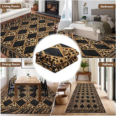 Washable Checkered Leopard Patchwork Area Rug, Plush Non-Slip Carpet Indoor Home Living Room