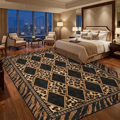 Washable Checkered Leopard Patchwork Area Rug, Plush Non-Slip Carpet Indoor Home Living Room