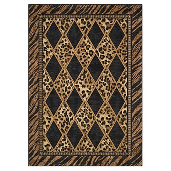 Washable Checkered Leopard Patchwork Area Rug, Plush Non-Slip Carpet Indoor Home Living Room