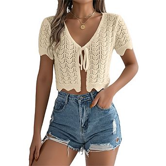 Women Tie Front Cardigan Knit Short Sleeve Top Beach Vacation Cover Up