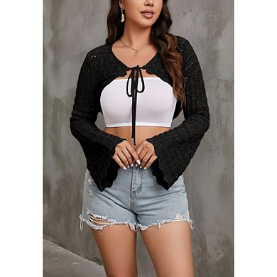 Women's Plus Size Tie Front Cropped Cardigan Bell Sleeve Knit Top