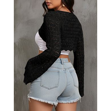 Women's Plus Size Tie Front Cropped Cardigan Bell Sleeve Knit Top