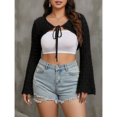 Women's Plus Size Tie Front Cropped Cardigan Bell Sleeve Knit Top