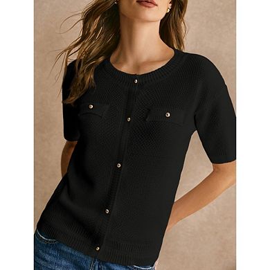 Women's Summer Button Down Shirts Casual Short Sleeve Crew Neck Ribbed Knit Blouse Top Cardigans