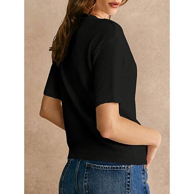 Women's Summer Button Down Shirts Casual Short Sleeve Crew Neck Ribbed Knit Blouse Top Cardigans