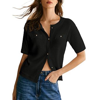Women's Summer Button Down Shirts Casual Short Sleeve Crew Neck Ribbed Knit Blouse Top Cardigans