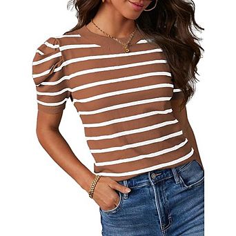 Short Puff Sleeve Striped Knit Top