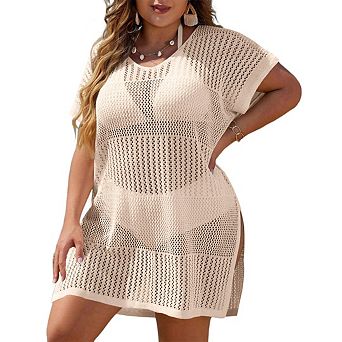 Women's Plus Size Swimsuit Cover Up Crochet Short Sleeve Bathing Suit Beach Dress