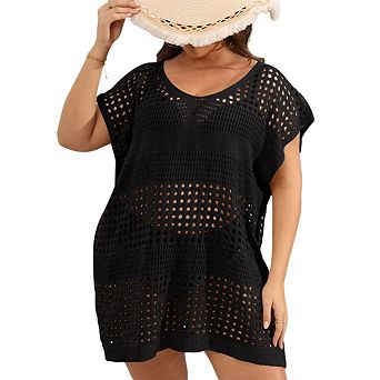 Women's Plus Size Crochet Cover Ups Swimwear V Neck Hollow Out Beachwear Tops