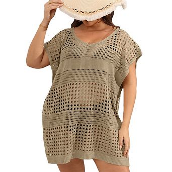 Women's Plus Size Crochet Cover Ups Swimwear V Neck Hollow Out Beachwear Tops