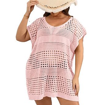 Women's Plus Size Crochet Cover Ups Swimwear V Neck Hollow Out Beachwear Tops
