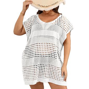 Women's Plus Size Crochet Cover Ups Swimwear V Neck Hollow Out Beachwear Tops