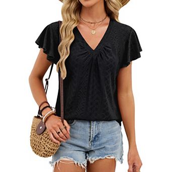 Women's V-Neck Casual Blouse Ruffle Short Sleeve Casual Top Breathable Summer Shirt