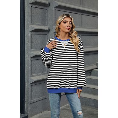 Womens Striped Oversized Sweatshirt Color Block Crew Neck Long Sleeve Casual Loose Top