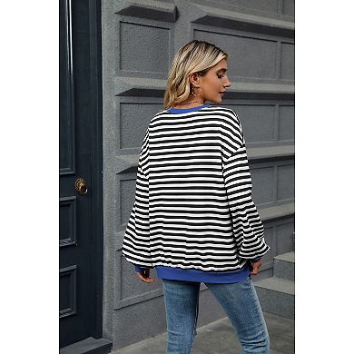 Womens Striped Oversized Sweatshirt Color Block Crew Neck Long Sleeve Casual Loose Top