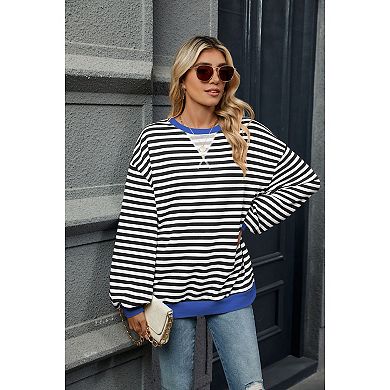 Womens Striped Oversized Sweatshirt Color Block Crew Neck Long Sleeve Casual Loose Top