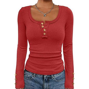 Casual Henley Button Down Ribbed Top