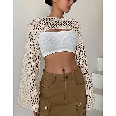 Women Cropped Sweater Shrug Pullover Long Bell Sleeve Knit Top