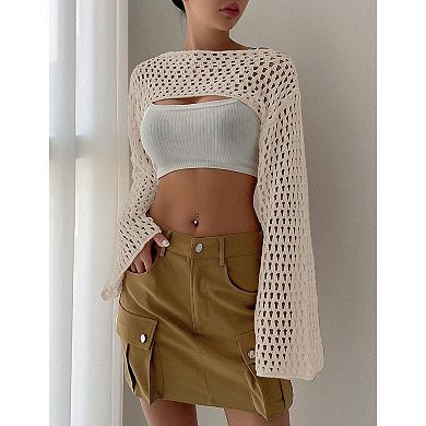 Women Cropped Sweater Shrug Pullover Long Bell Sleeve Knit Top