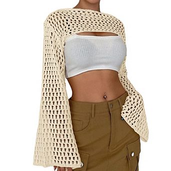 Women Cropped Sweater Shrug Pullover Long Bell Sleeve Knit Top