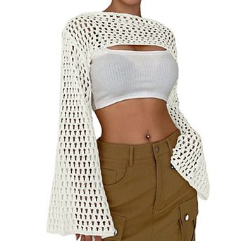 Women Cropped Sweater Shrug Pullover Long Bell Sleeve Knit Top
